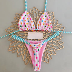 Casual polka dot color block swimsuit with straps