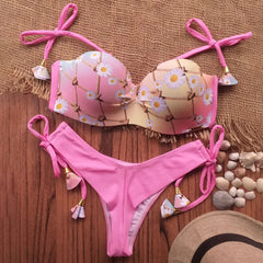 Trendy floral pattern wrap bust bikini