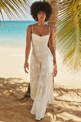 Elegante vestido largo con tirantes finos y estampado floral - Envolvente en el pecho