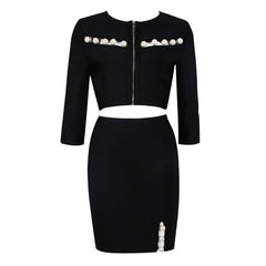 Elegant Imitated Pearl Cutout Trim Split Elbow Sleeve Bandage Matching Set