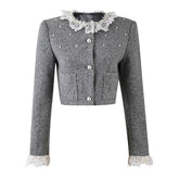 Elegante chaqueta corta de mezcla de lana con cuello redondo, encaje, botones de cuentas en la parte delantera y manga larga