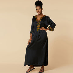 Vestido playero tipo caftán extragrande con mangas 3/4 y bordado floral étnico