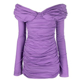 Minivestido femenino con hombros descubiertos, escote en V, mangas acampanadas y puños fruncidos