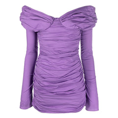 Minivestido femenino con hombros descubiertos, escote en V, mangas acampanadas y puños fruncidos