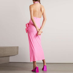 Vestido de cóctel midi con escote halter, espalda abierta, fruncido y escote en V profundo con rosetas