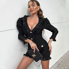 Vestido mini de vendaje con cuello en V, mangas abullonadas y detalle de botones con volantes - Negro
