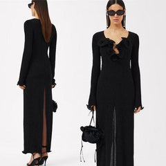 VESTIDO MAXI DE MANGA LARGA DE MALLA SAKURA con FLORES