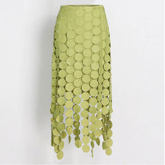 Asymmetrischer Midirock im französischen Stil mit hoher Taille, lasergeschnittenen Kreisfransen und mehrlagigem Schnitt