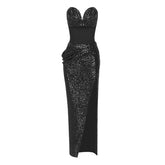 Glamorous Sweetheart Tube Top Cutout Draped High Slit Sequin Skirt Matching Set