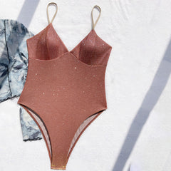 Glitter Galaxy Print Cheeky Deep V Neck Brazilian One Piece Swimsuit