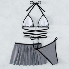 Glitter Gingham Wrap Triangle Brazilian Three Piece Bikini Swimsuit