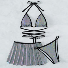 Glitter Gingham Wrap Triangle Brazilian Three Piece Bikini Swimsuit