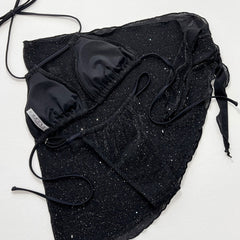 Glitter Tie String Cheeky Halter Slide Triangle Brazilian Three Piece Bikini Swimsuit
