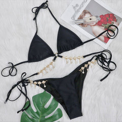 Glittering Crystal Pendant Slide Triangle Brazilian Two Piece Bikini Swimsuit