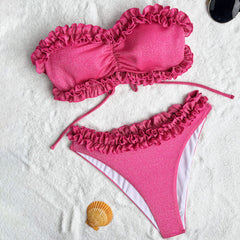 Glittering Ruffle Low Rise Cheeky Bandeau Brazilian Two Piece Bikini Swimsuit