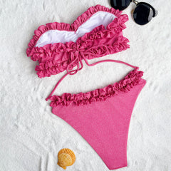 Glittering Ruffle Low Rise Cheeky Bandeau Brazilian Two Piece Bikini Swimsuit