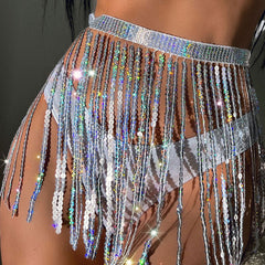 Glittering Sequin Fringed High Cut Triangle Brazilian Three Piece Bikini Swimsuit