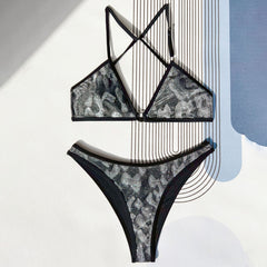 Glittering Textured O Ring High Cut Cheeky Brazilian Two Piece Bikini Swimsuit