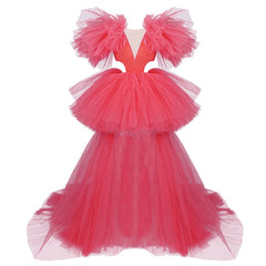 Vestido de noche de tul con capas, escote en V profundo, mangas acampanadas, volantes y aberturas, estilo asimétrico