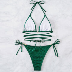 Glossy Checked Metallic Trim Triangle Halter Brazilian Two Piece Bikini Swimsuit