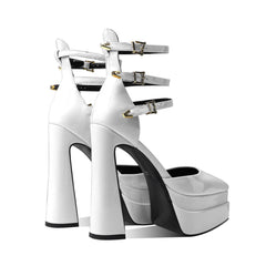 Zapatos de tacón cuadrado con plataforma y punta puntiaguda brillante con tiras en el tobillo - Blanco