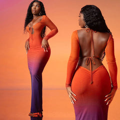 YAYOU GRADIENT COLOR BODYCON MAXI DRESS