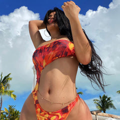 High Cut Leaf Print Cutout Bandeau Brazilian One Piece Swimsuit