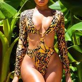 High Cut Leopard Long Sleeve Cutout Monokini Brazilian One Piece Swimsuit