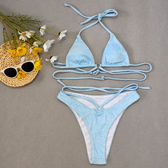 High Cut Strappy Terry Slide Triangle Brazilian Two Piece Bikini Swimsuit