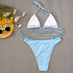 High Cut Strappy Terry Slide Triangle Brazilian Two Piece Bikini Swimsuit