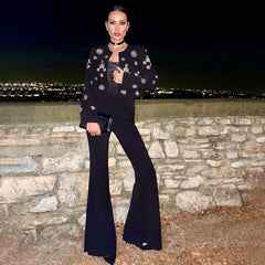 Blazer corto de alta gama con cintura alta, abertura y corte acampanado, con flores y cuentas de cristal, conjunto a juego