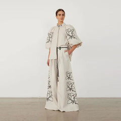 Lässiger Damenanzug mit hoher Taille und weitem Bein, Stickerei-Print, Baumwollleinen, Damen-Laternenärmel-Revershemd für Frühling 2024