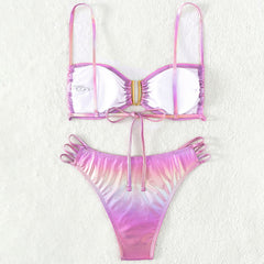 Holographic Cutout Strappy High Leg Cheeky Bralette Brazilian Two Piece Bikini Swimsuit