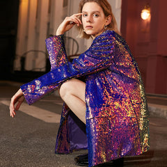 Blazer largo de lentejuelas con cuello de solapa holográfico y botonadura sencilla - Morado