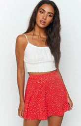 French Floral Print Ruffle Split Button Up Mini Skirt - Red