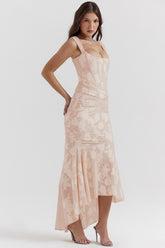 ARINNA PINK FRILLED BOTTOM BODYCON MIDI DRESS