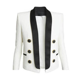 Blazer corto elegante con solapa en contraste, cuello chal y hombreras - Blanco