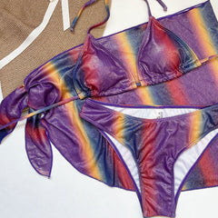 Iridescent Ribbed High Cut Wrap Triangle Brazilian Three Piece Bikini Swimsuit