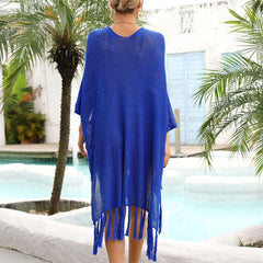 Vestido playero brasileño de punto de crochet extragrande con flecos y cuello alto
