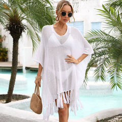 Vestido playero brasileño de punto de crochet extragrande con flecos y cuello alto