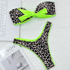 Leopard High Cut Bow Tie Bandeau Thong Brazilian Two Piece Bikini Swimsuit
