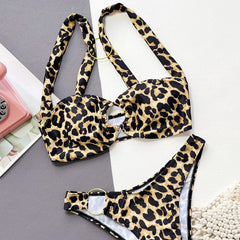 Leopard High Cut Metallic O Ring Brazilian Two Piece Bikini Swimsuit