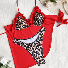 Leopard Print High Cut Ruffle Slide Triangle Brazilian Three Piece Bikini Swimsuit