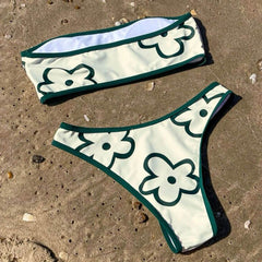Lovely Floral Contrast Color Bandeau Brazilian Two Piece Bikini Swimsuit