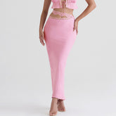 Falda larga de sirena de satén con aberturas y ribete de encaje brillante - Rosa