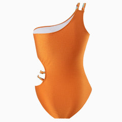 Luxurious Metallic Textured Beaded Cut Out One Shoulder One Piece Swimsuit