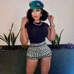 Luxuriöse Booty-Shorts mit Strass-Dekor und hohem Bund und Reißverschluss hinten