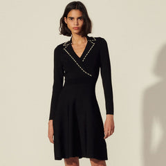 Beaded Collar Long Sleeve Knit Sweater Mini Dress - Black