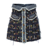 Button Front Foldover High Rise A-line Tweed Denim Mini Skirt