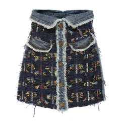 Button Front Foldover High Rise A-line Tweed Denim Mini Skirt